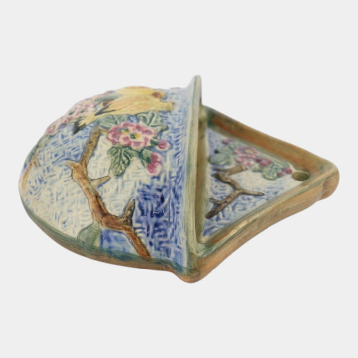 Weller Glendale 1920s Yellow Birds On Branch Pink Flowers Ceramic Wall Pocket