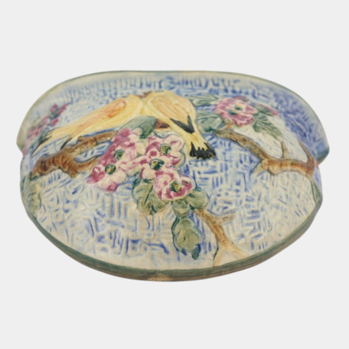 Weller Glendale 1920s Yellow Birds On Branch Pink Flowers Ceramic Wall Pocket