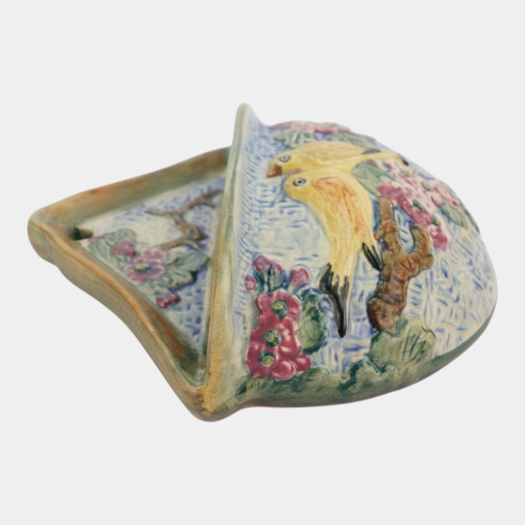 Weller Glendale 1920s Yellow Birds On Branch Pink Flowers Ceramic Wall Pocket