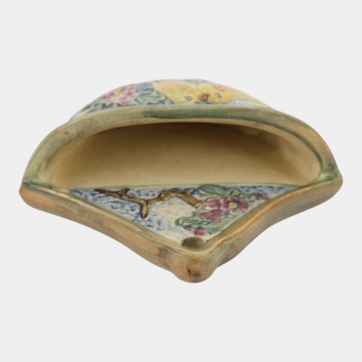 Weller Glendale 1920s Yellow Birds On Branch Pink Flowers Ceramic Wall Pocket