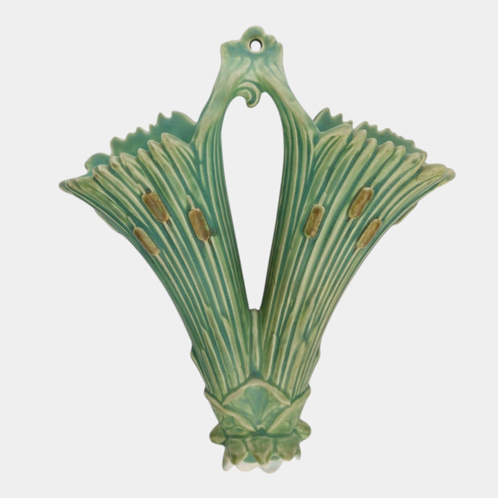 Weller Ardsley 1920s Vintage Art Pottery Green Cattails Double Wall Pocket