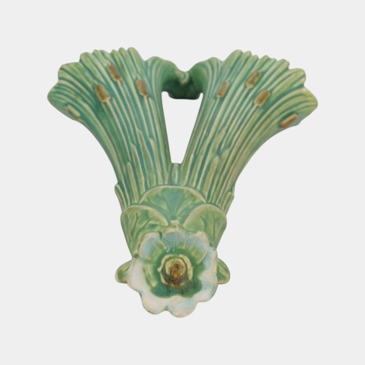 Weller Ardsley 1920s Vintage Art Pottery Green Cattails Double Wall Pocket