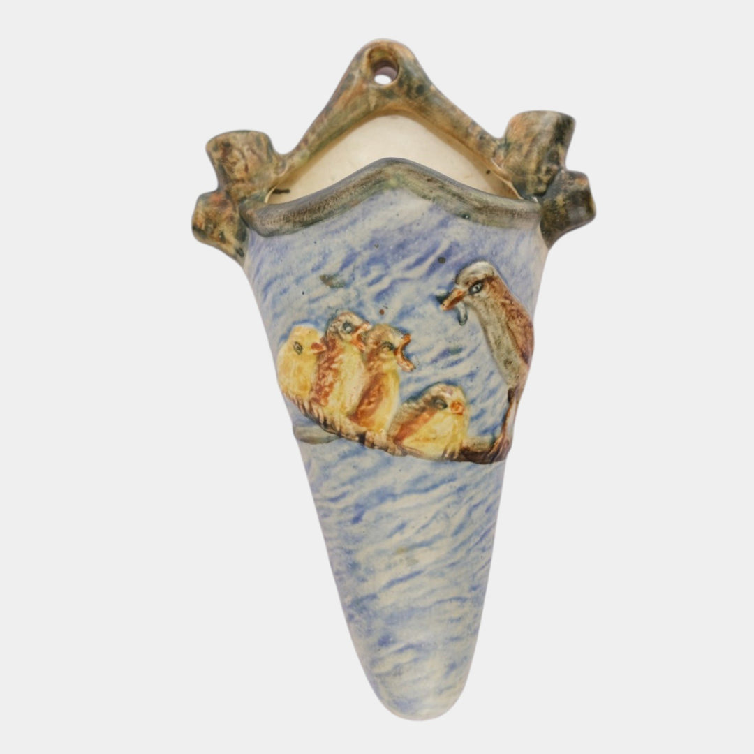 Weller Glendale Blue 1920s Vintage Art Pottery Birds And Nest Wall Pocket