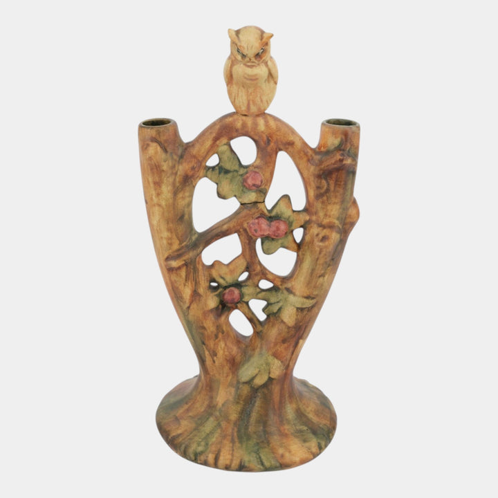 Weller Woodcraft 1920s Vintage Art Pottery Owl On Branch Ceramic Double Bud Vase