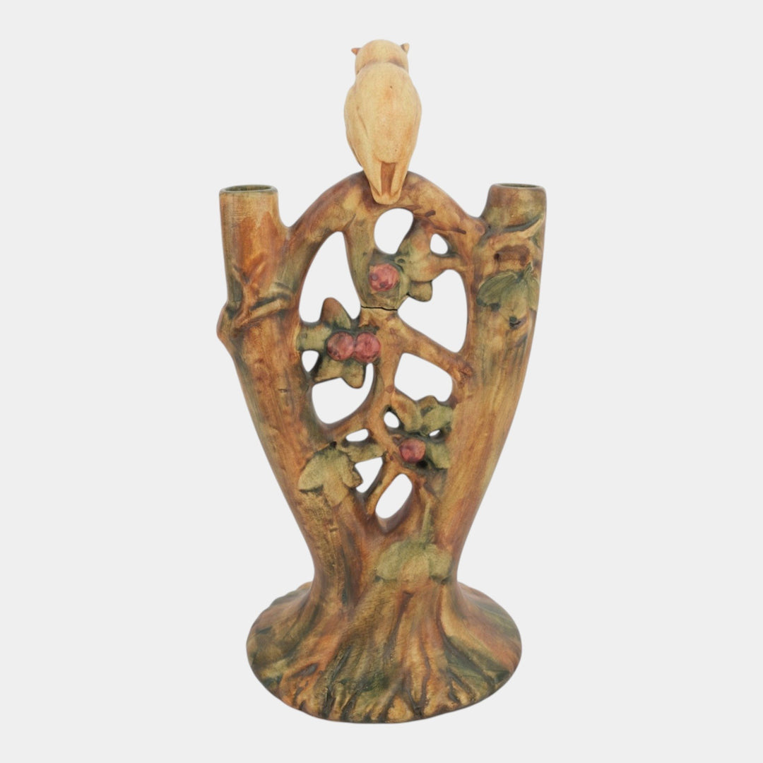 Weller Woodcraft 1920s Vintage Art Pottery Owl On Branch Ceramic Double Bud Vase