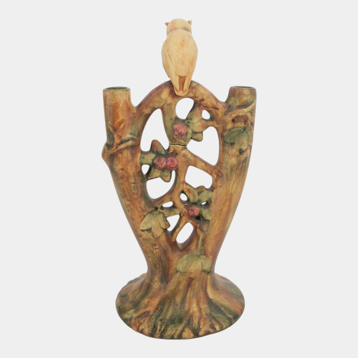 Weller Woodcraft 1920s Vintage Art Pottery Owl On Branch Ceramic Double Bud Vase