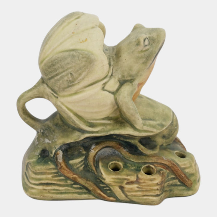 Weller Muskota 1920s Vintage Art Pottery Green Ceramic Frog In Lily Flower Frog