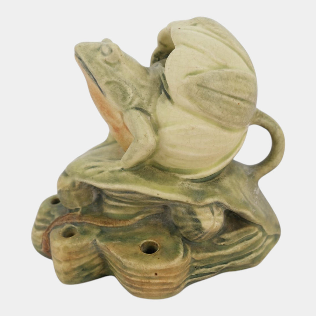 Weller Muskota 1920s Vintage Art Pottery Green Ceramic Frog In Lily Flower Frog