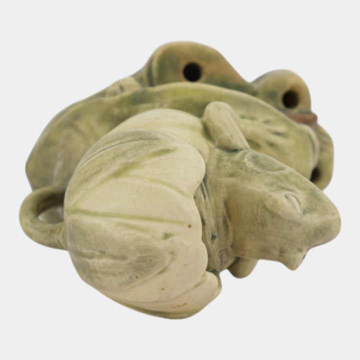 Weller Muskota 1920s Vintage Art Pottery Green Ceramic Frog In Lily Flower Frog