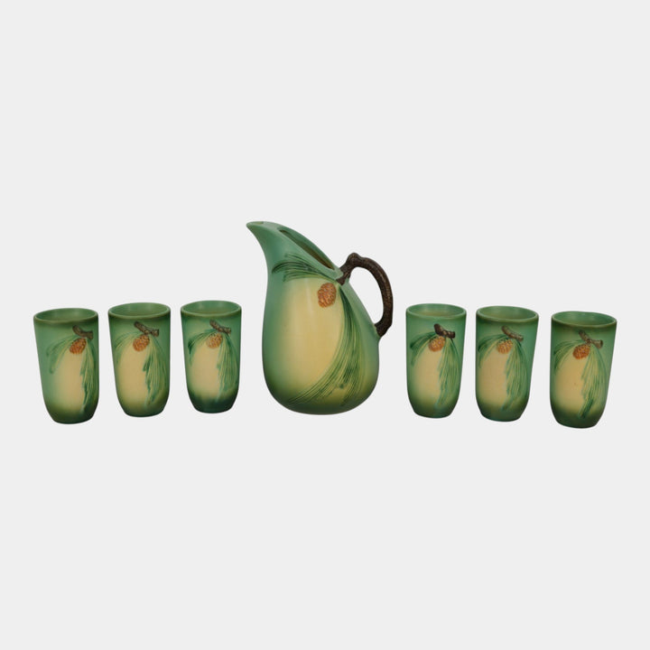 Roseville Pine Cone Green 1953 Mid Century Modern Pitcher Tumbler Cups 415-9 414