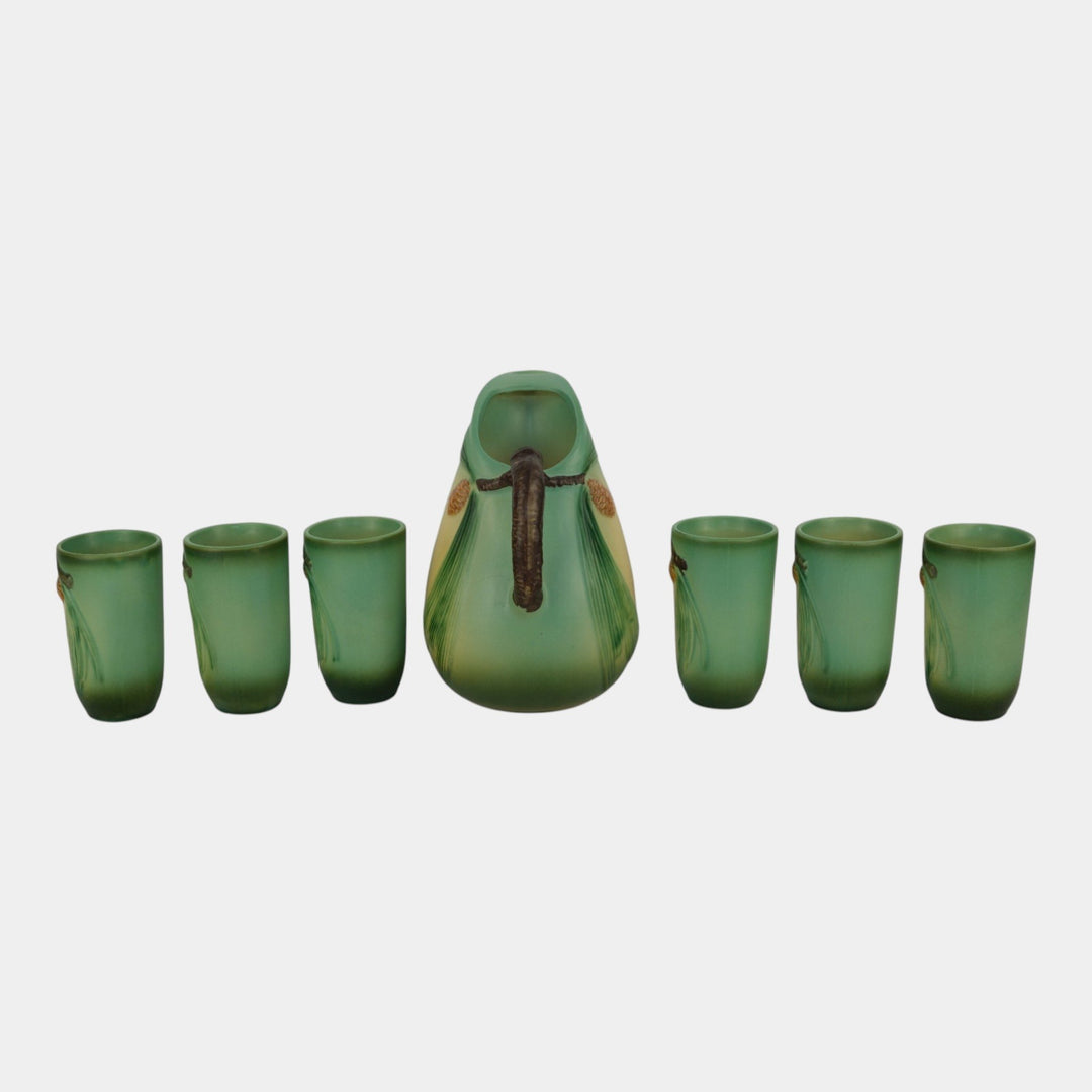 Roseville Pine Cone Green 1953 Mid Century Modern Pitcher Tumbler Cups 415-9 414