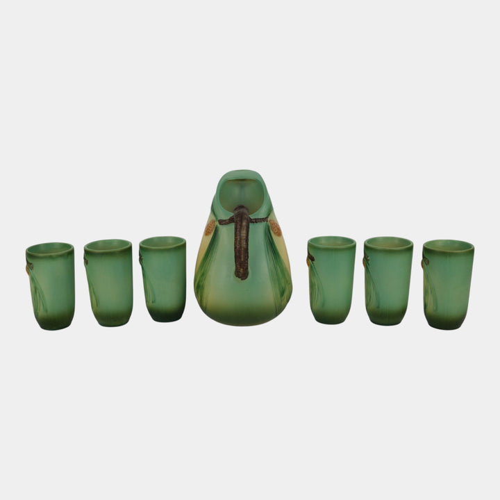 Roseville Pine Cone Green 1953 Mid Century Modern Pitcher Tumbler Cups 415-9 414