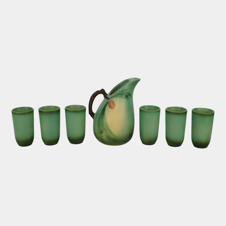 Roseville Pine Cone Green 1953 Mid Century Modern Pitcher Tumbler Cups 415-9 414