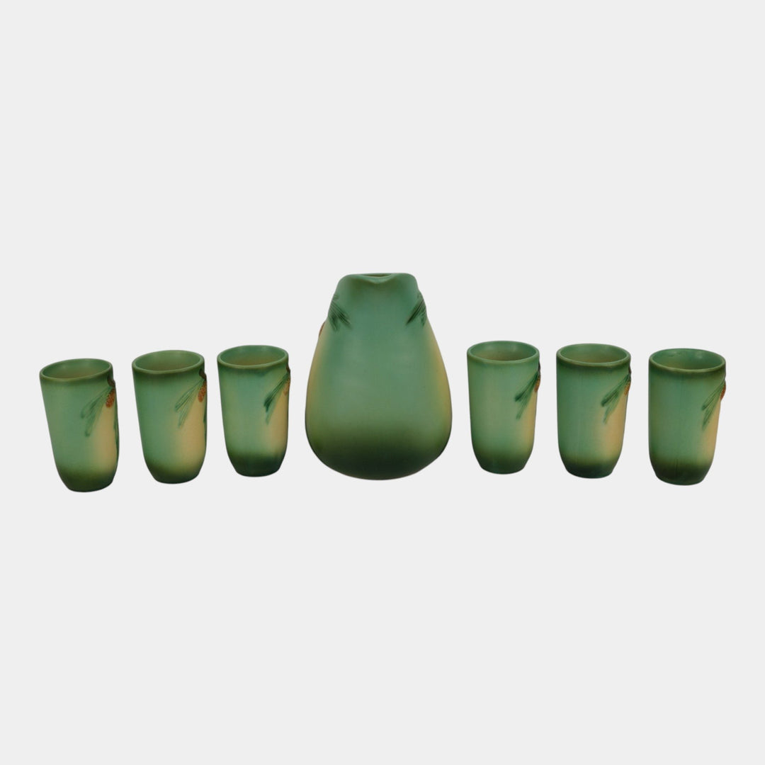 Roseville Pine Cone Green 1953 Mid Century Modern Pitcher Tumbler Cups 415-9 414