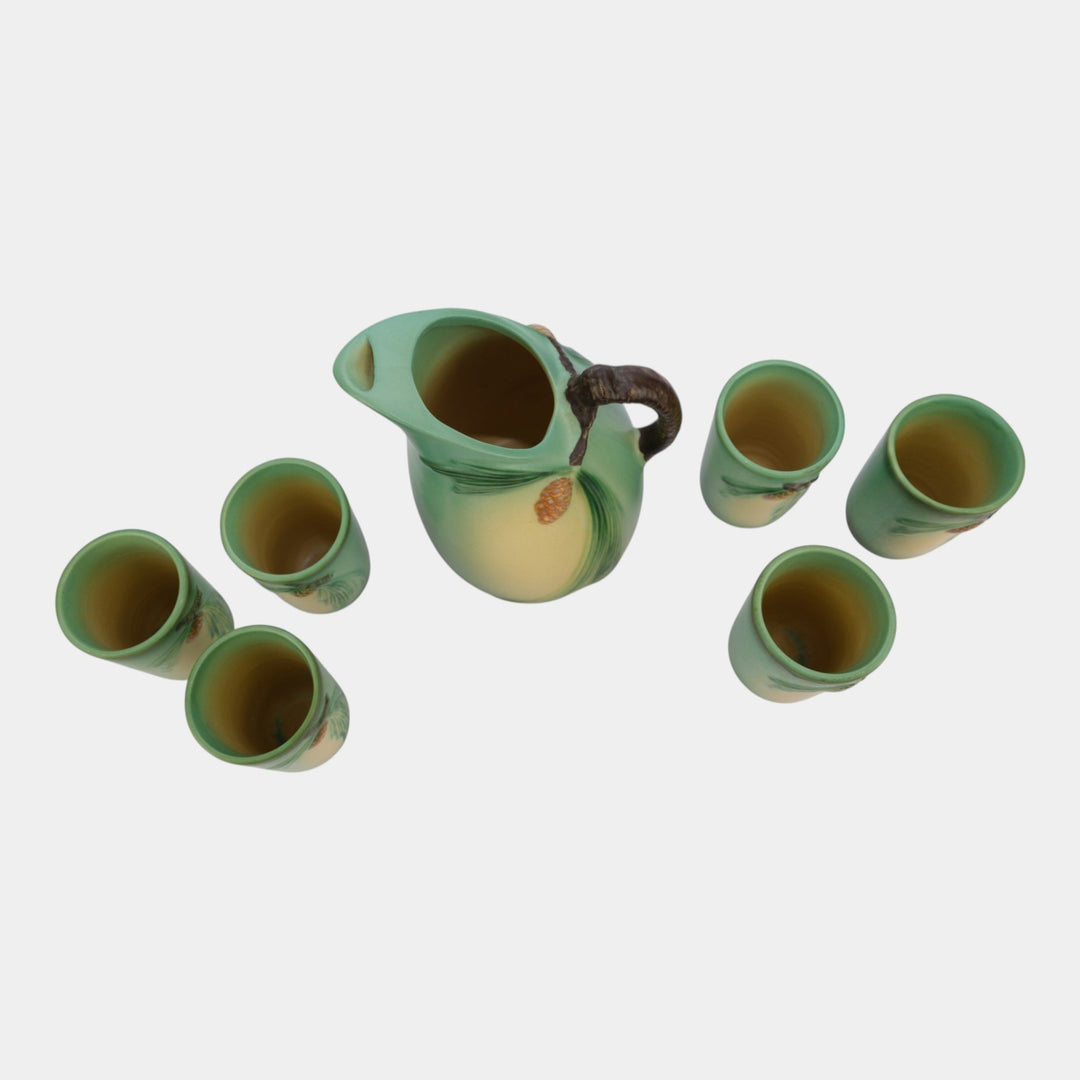 Roseville Pine Cone Green 1953 Mid Century Modern Pitcher Tumbler Cups 415-9 414