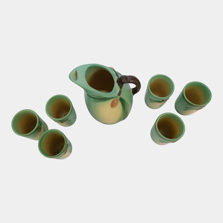 Roseville Pine Cone Green 1953 Mid Century Modern Pitcher Tumbler Cups 415-9 414