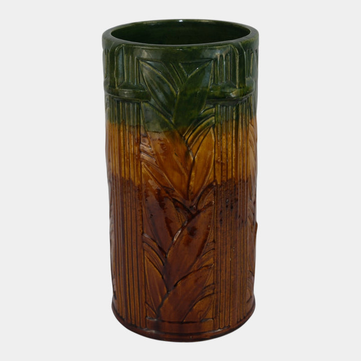 Brush McCoy 1900s Brown Green Majolica Leaf Decorated Art Pottery Umbrella Stand