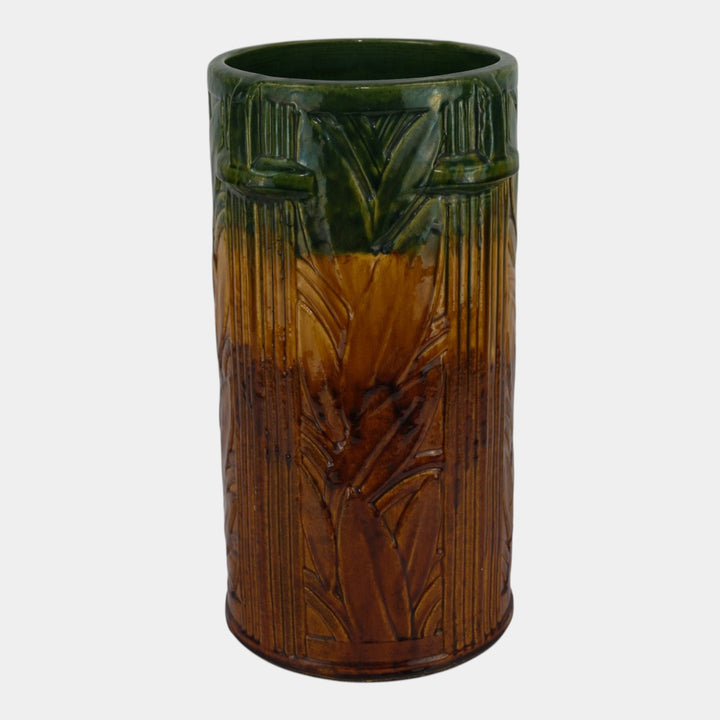 Brush McCoy 1900s Brown Green Majolica Leaf Decorated Art Pottery Umbrella Stand