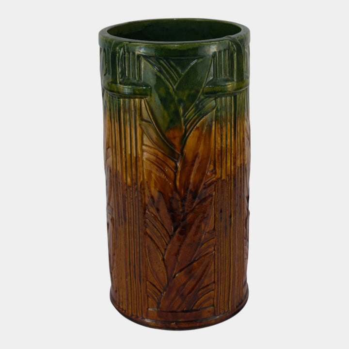 Brush McCoy 1900s Brown Green Majolica Leaf Decorated Art Pottery Umbrella Stand