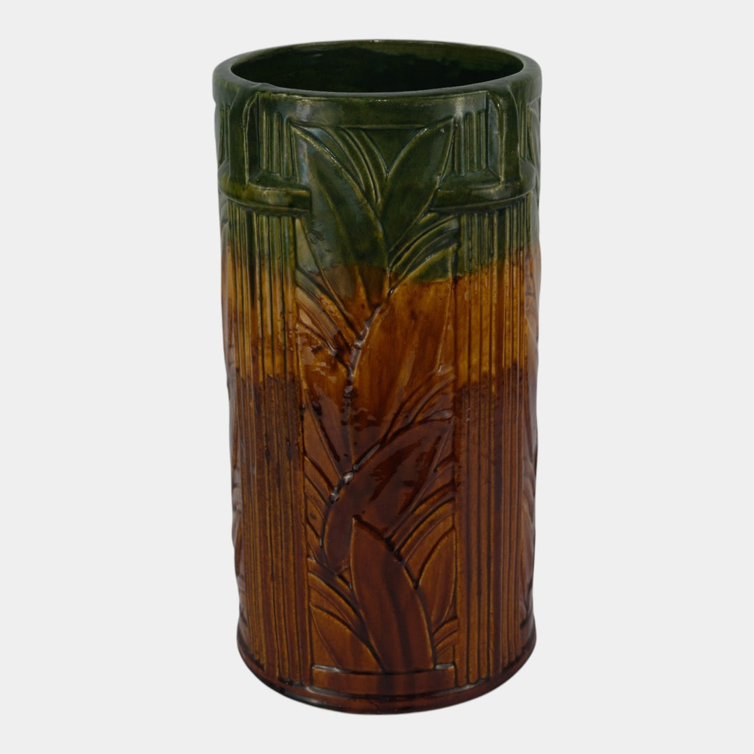 Brush McCoy 1900s Brown Green Majolica Leaf Decorated Art Pottery Umbrella Stand