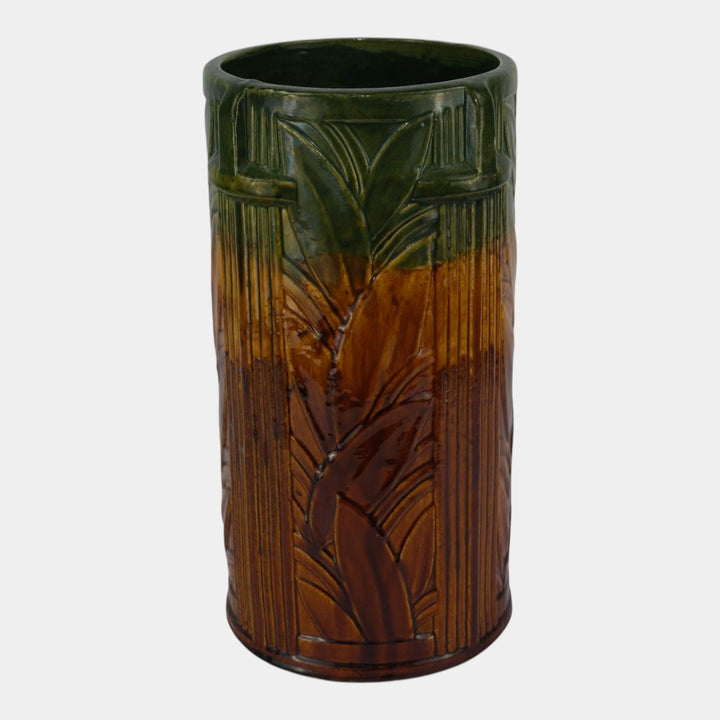 Brush McCoy 1900s Brown Green Majolica Leaf Decorated Art Pottery Umbrella Stand