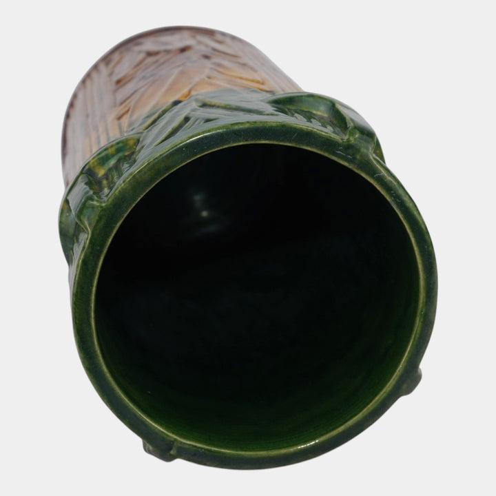 Brush McCoy 1900s Brown Green Majolica Leaf Decorated Art Pottery Umbrella Stand