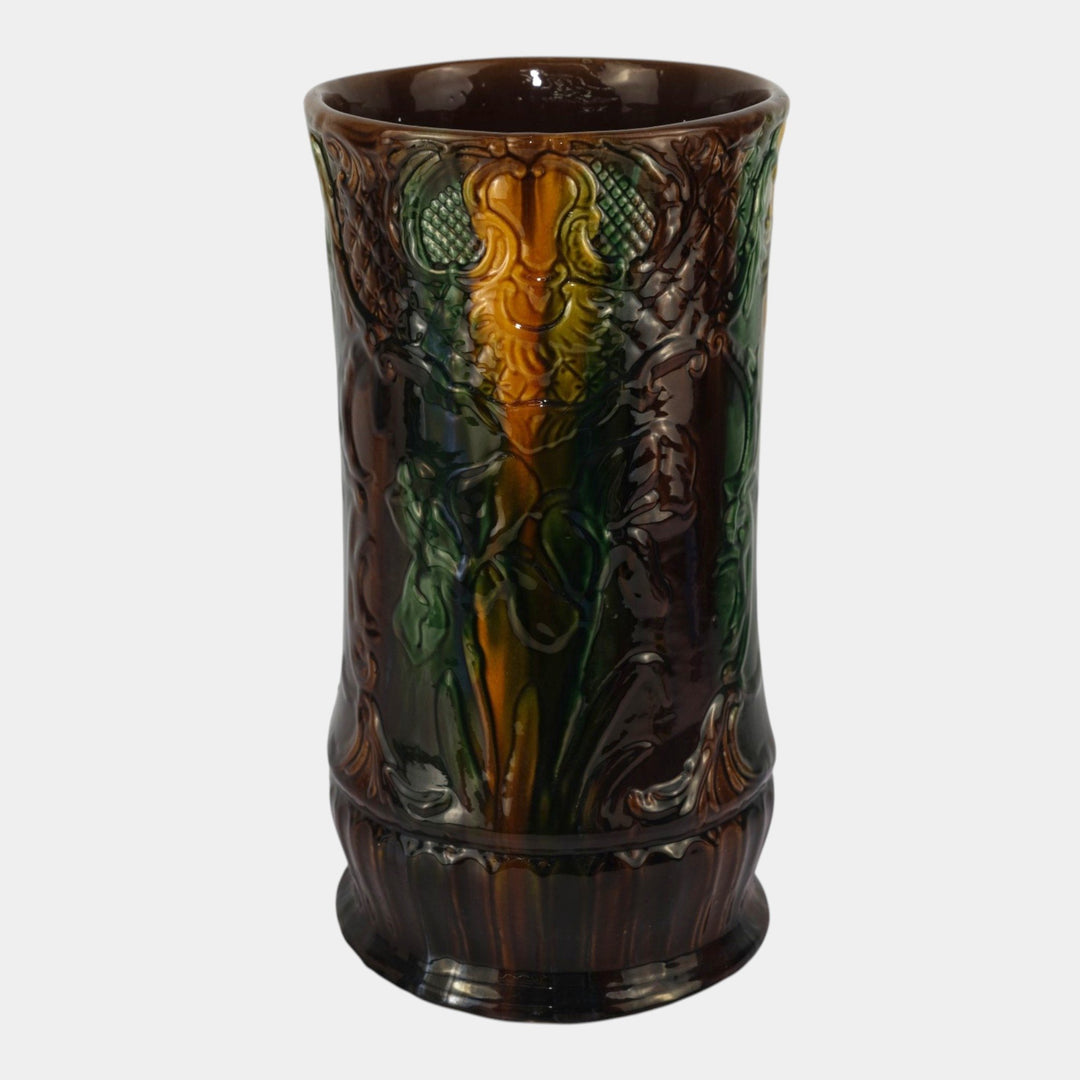 Roseville Early 1900s Art Pottery Brown Green Majolica Iris Umbrella Stand