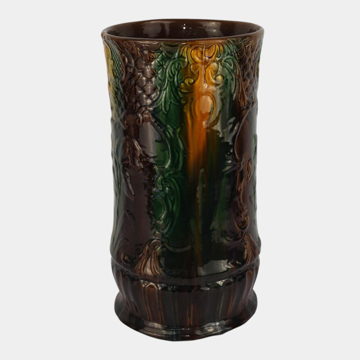 Roseville Early 1900s Art Pottery Brown Green Majolica Iris Umbrella Stand
