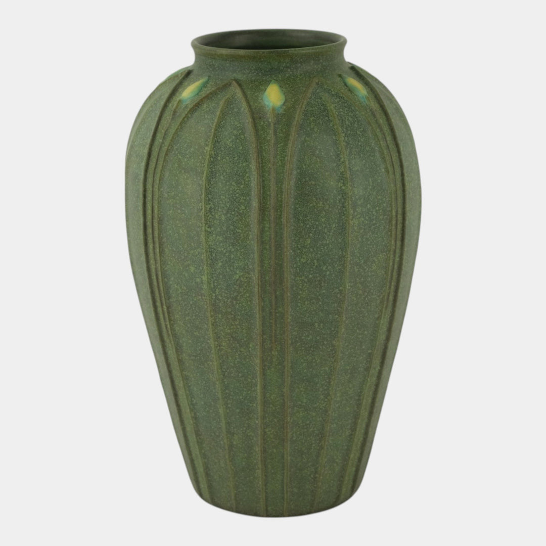Jemerick Studio Pottery 1999 Arts And Crafts Matte Green Leaf Yellow Flower Vase