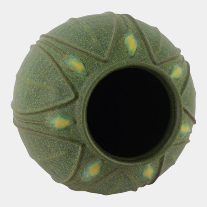 Jemerick Studio Pottery 1999 Arts And Crafts Matte Green Leaf Yellow Flower Vase