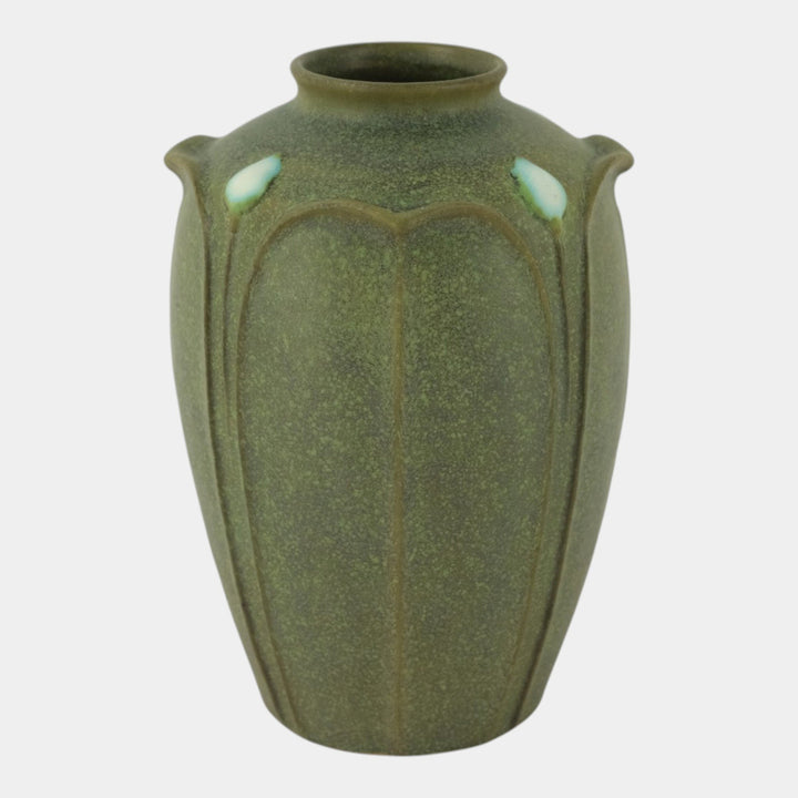 Jemerick Studio Pottery 1998 Arts And Crafts Matte Green Leaf Blue Flower Vase