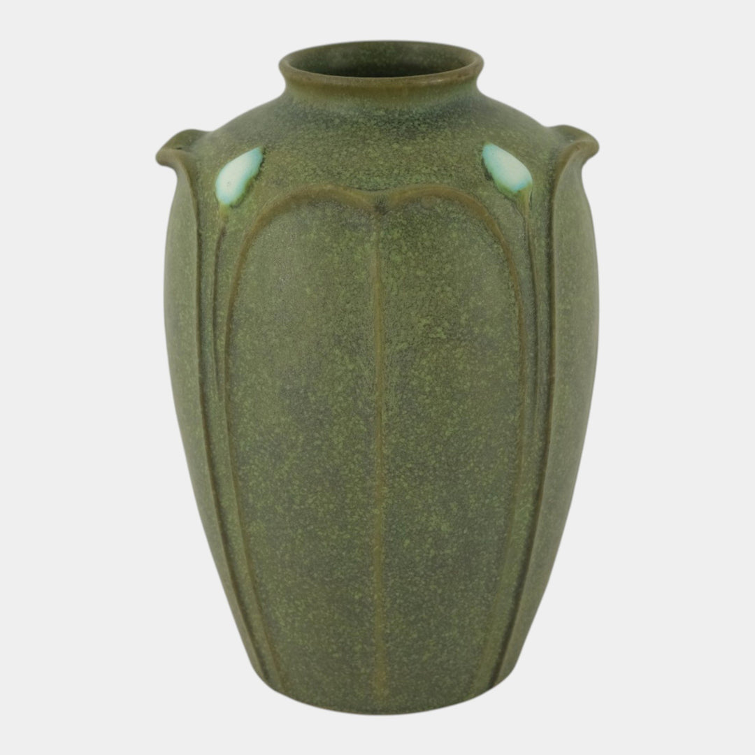 Jemerick Studio Pottery 1998 Arts And Crafts Matte Green Leaf Blue Flower Vase