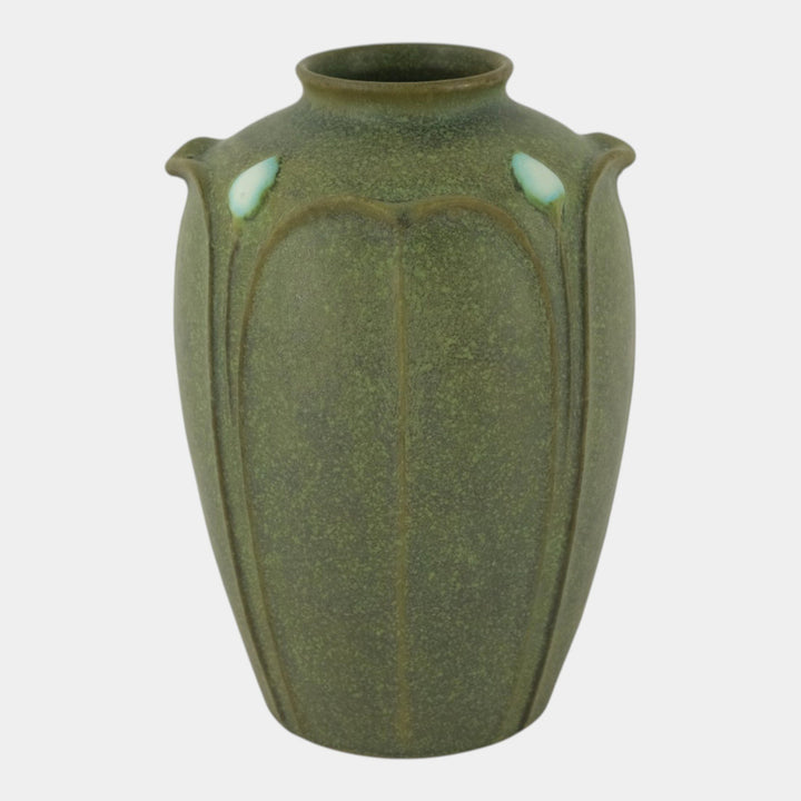 Jemerick Studio Pottery 1998 Arts And Crafts Matte Green Leaf Blue Flower Vase