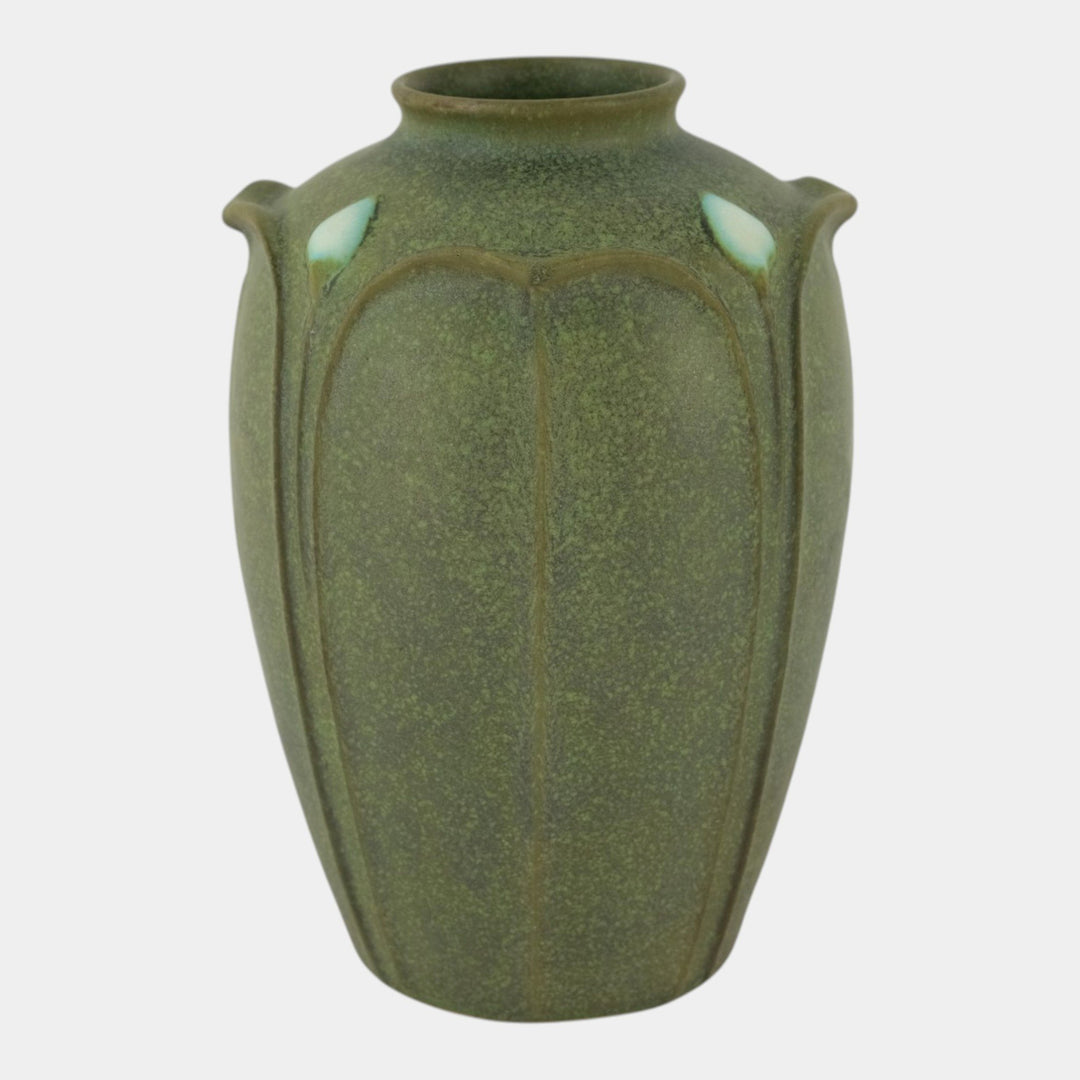 Jemerick Studio Pottery 1998 Arts And Crafts Matte Green Leaf Blue Flower Vase