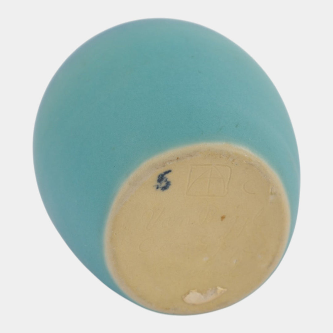 Van Briggle 1950s Art Pottery Ovoid Rolled Rim Matte Ming Blue Vase