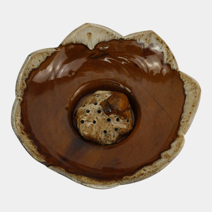Anna Van Briggle 1950s Vintage Art Pottery Brown Lotus Bowl Turtle Flower Frog