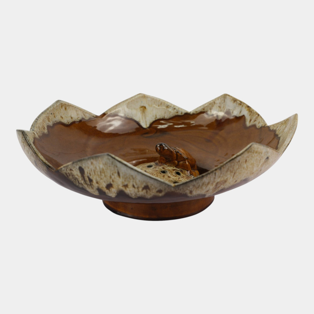 Anna Van Briggle 1950s Vintage Art Pottery Brown Lotus Bowl Turtle Flower Frog
