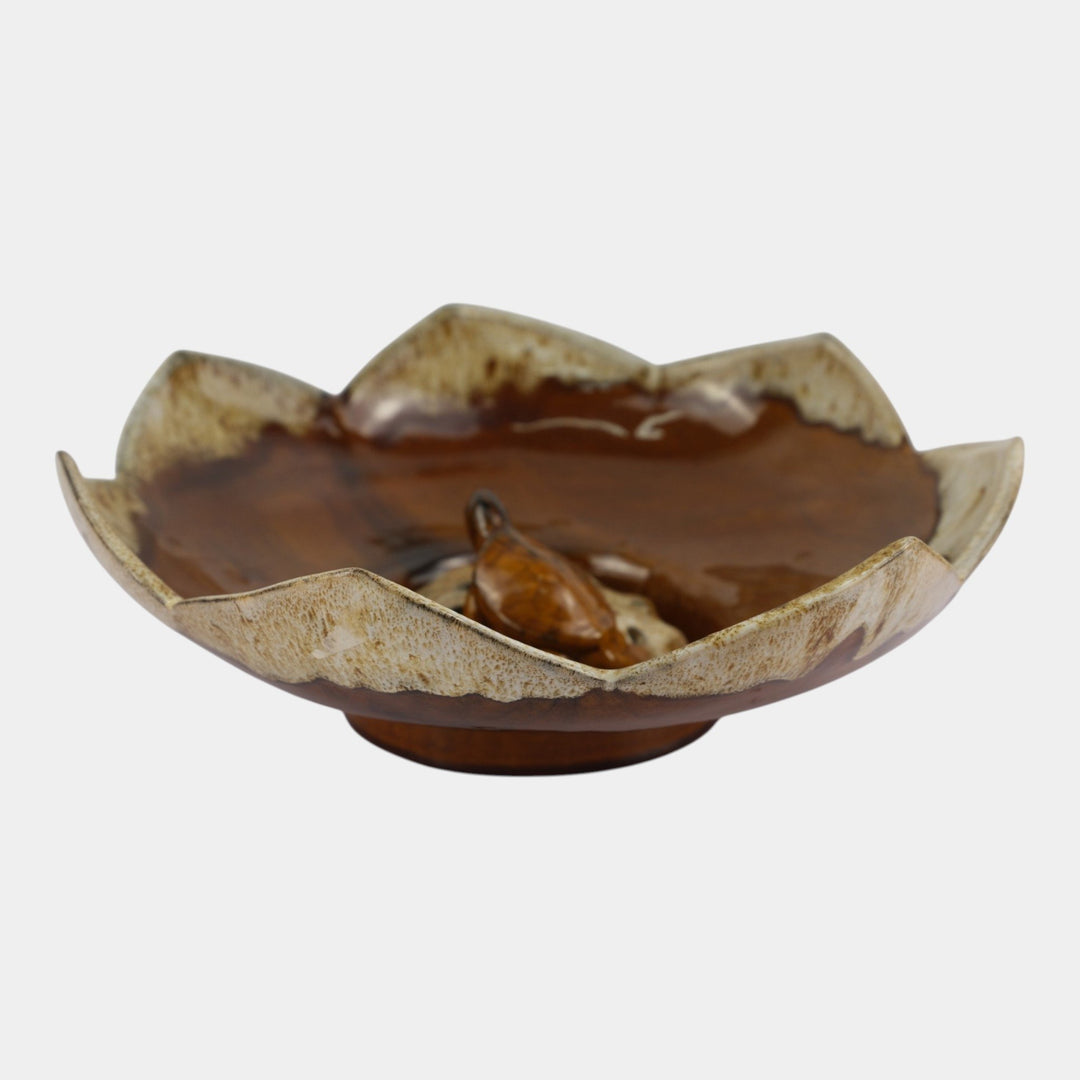 Anna Van Briggle 1950s Vintage Art Pottery Brown Lotus Bowl Turtle Flower Frog