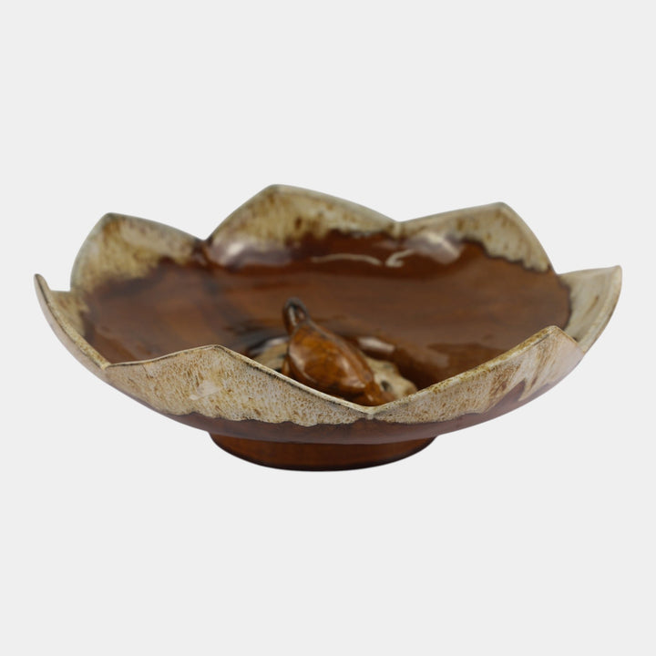 Anna Van Briggle 1950s Vintage Art Pottery Brown Lotus Bowl Turtle Flower Frog