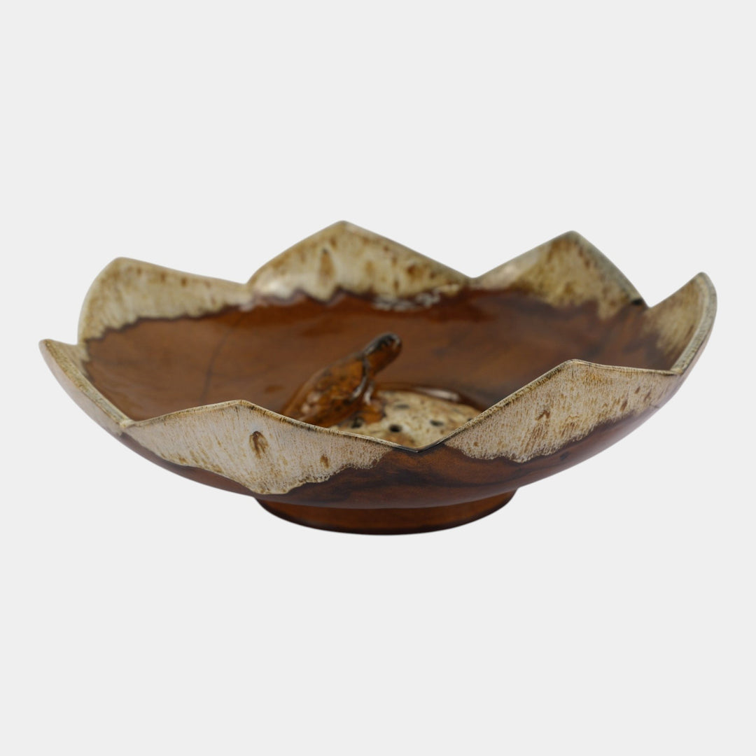 Anna Van Briggle 1950s Vintage Art Pottery Brown Lotus Bowl Turtle Flower Frog
