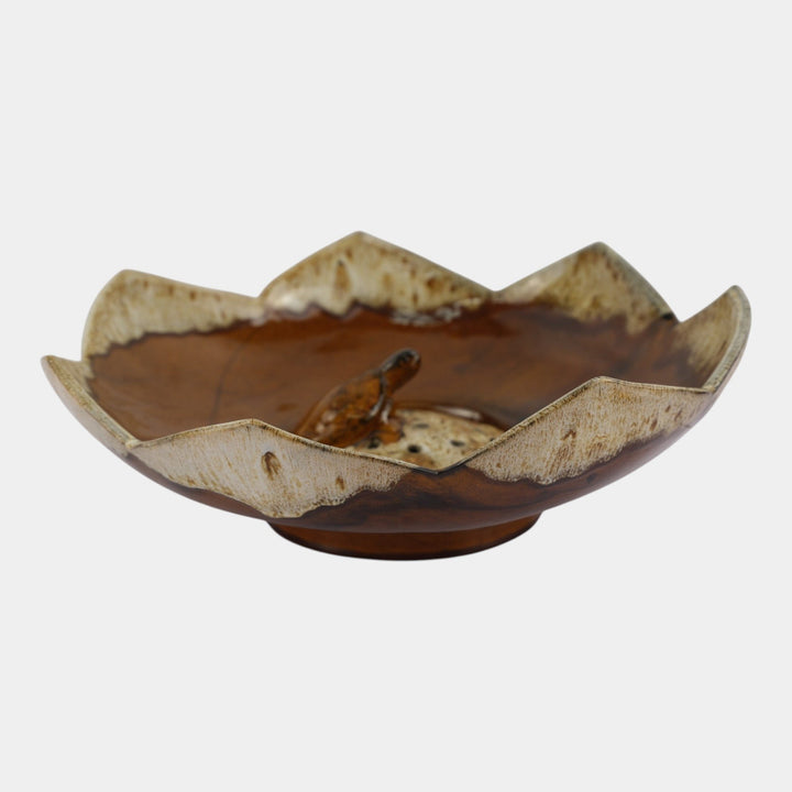 Anna Van Briggle 1950s Vintage Art Pottery Brown Lotus Bowl Turtle Flower Frog