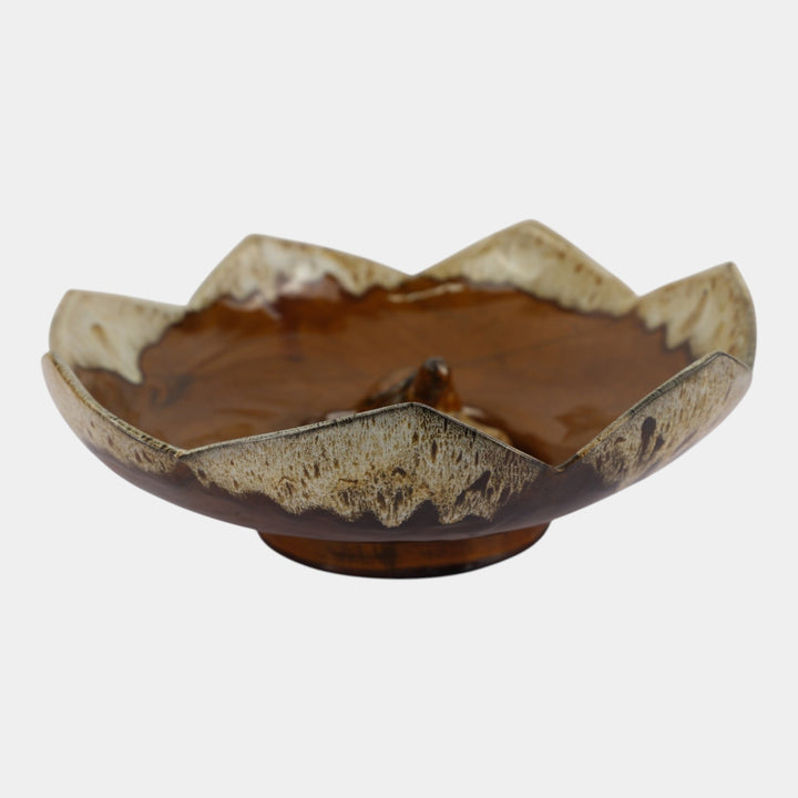 Anna Van Briggle 1950s Vintage Art Pottery Brown Lotus Bowl Turtle Flower Frog