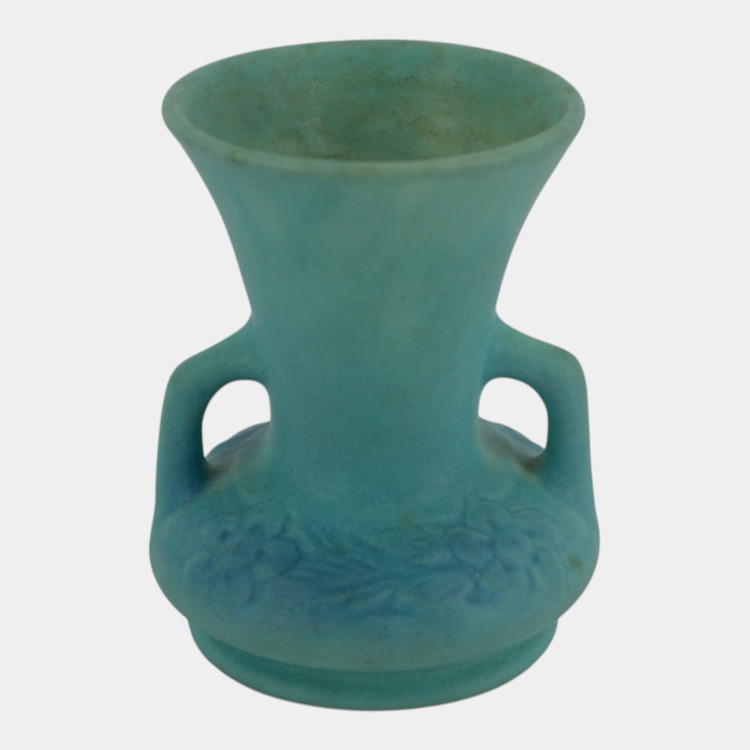 Van Briggle 1930s Ming Blue Art Pottery Handled Floral Relief Cabinet Vase