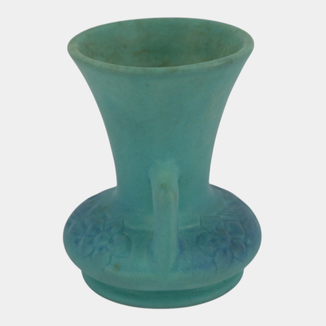 Van Briggle 1930s Ming Blue Art Pottery Handled Floral Relief Cabinet Vase
