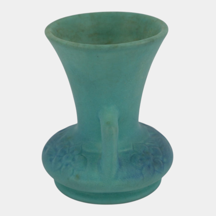 Van Briggle 1930s Ming Blue Art Pottery Handled Floral Relief Cabinet Vase
