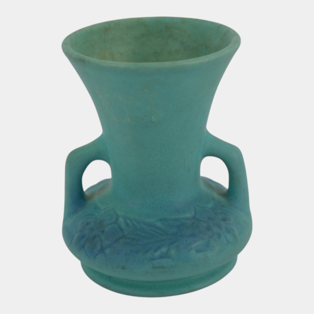 Van Briggle 1930s Ming Blue Art Pottery Handled Floral Relief Cabinet Vase
