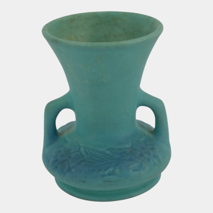 Van Briggle 1930s Ming Blue Art Pottery Handled Floral Relief Cabinet Vase