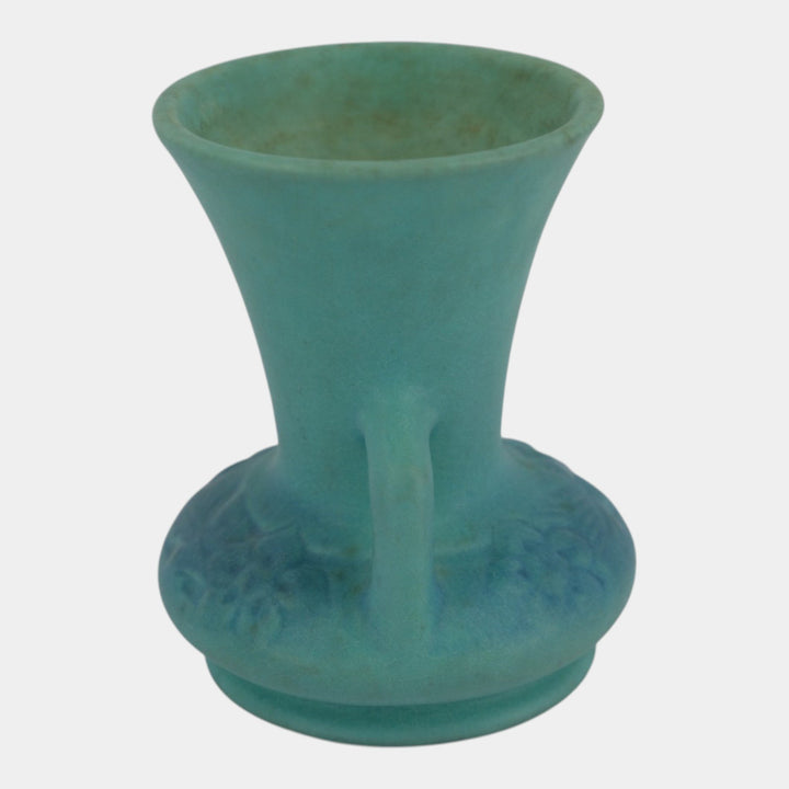 Van Briggle 1930s Ming Blue Art Pottery Handled Floral Relief Cabinet Vase