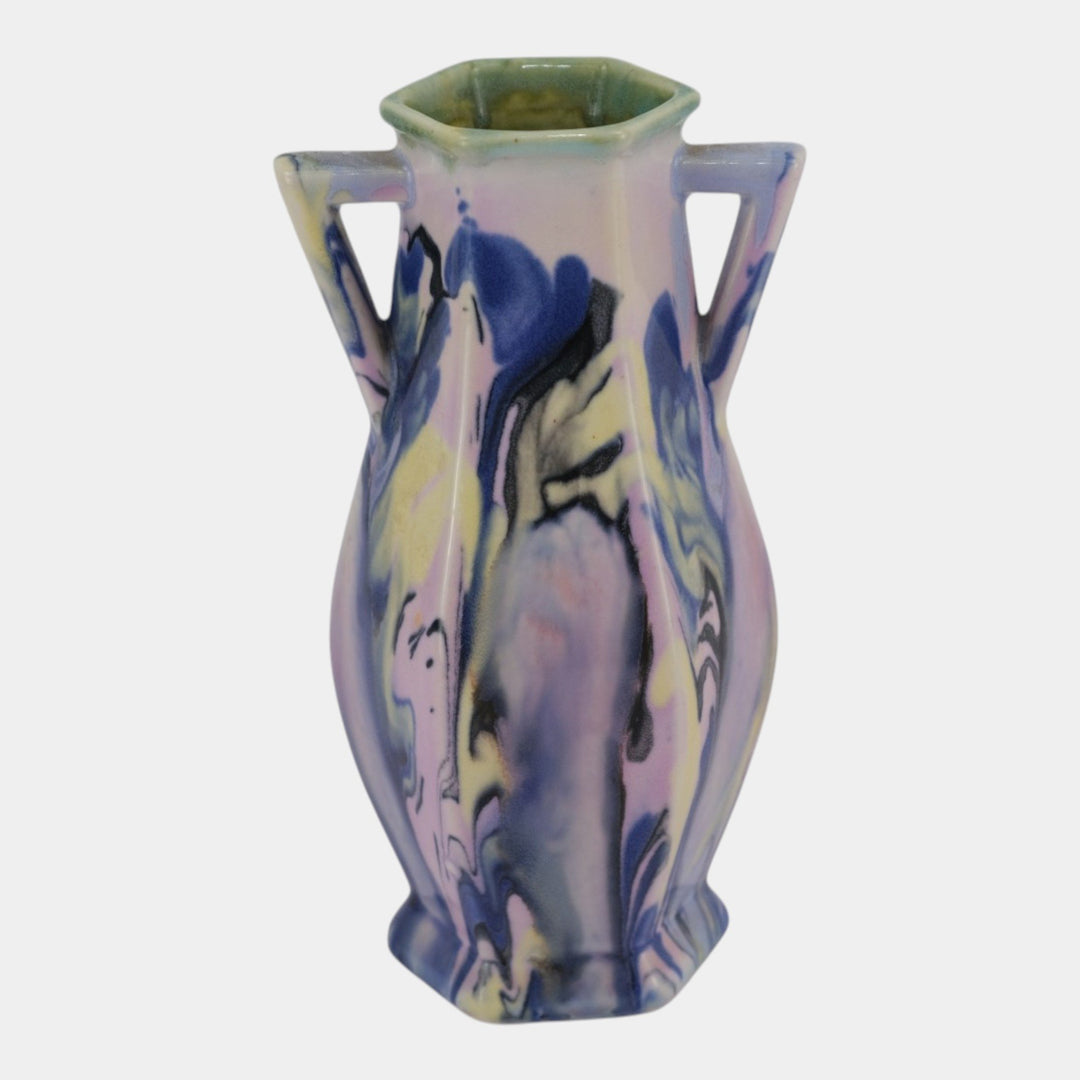 Mueller Pottery Illinois 1920s Art Deco Marbleized Handled Ceramic Cabinet Vase