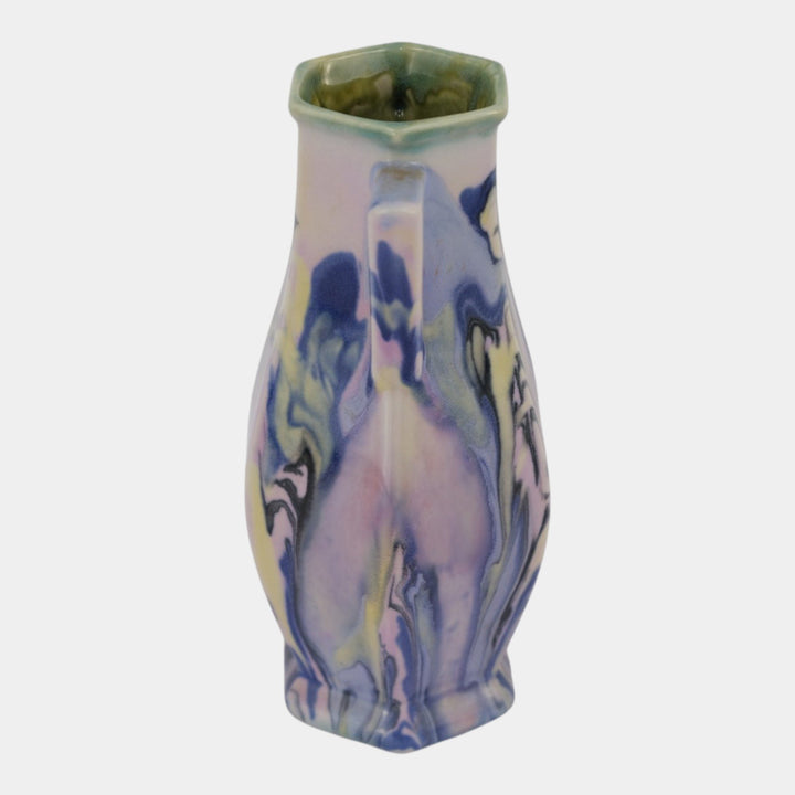 Mueller Pottery Illinois 1920s Art Deco Marbleized Handled Ceramic Cabinet Vase